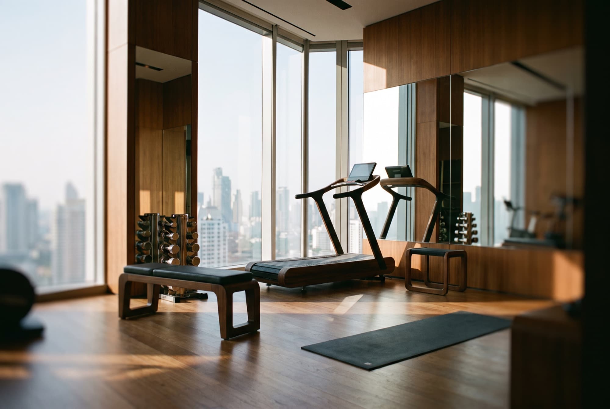 Residents' gymnasium with a treadmill, free weights, a bench and floor-to-ceiling windows (representative image)